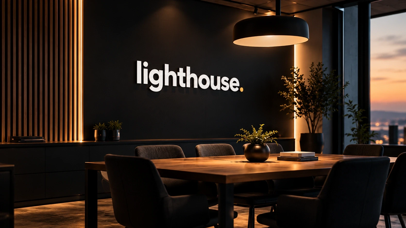 Lighthouse-logotypen upplyst på väggen i ett mörkt konferensrum